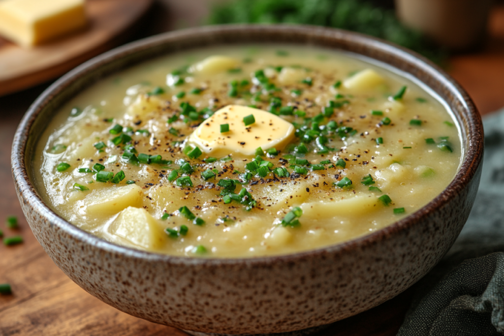 Steaming bowl of 4 ingredient potato soup garnished with fresh chives and butter, served in a rustic ceramic bowl on a wooden table.