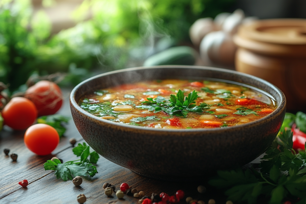 A steaming bowl of soup highlighting the 4 components of soup, surrounded by fresh ingredients like herbs, vegetables, and spices on a rustic table.