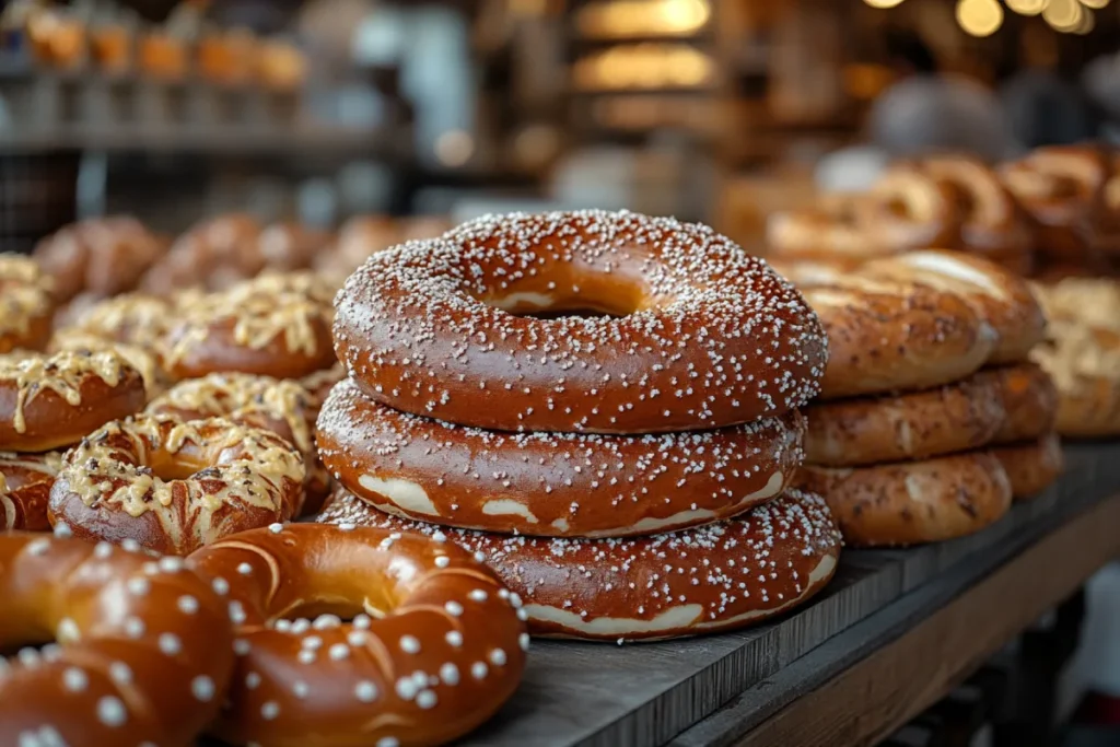 A historical depiction showcasing the difference between a Bavarian pretzel and a regular pretzel, featuring a German baker dipping dough into a lye bath, Oktoberfest celebrations with Bavarian pretzels, and an American street vendor selling soft pretzels alongside packaged hard pretzels.