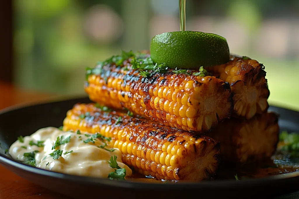 Close-up of freshly squeezed lime juice drizzled over Mexican corn, topped with Tajín, mayonnaise, and cheese. The vibrant green lime zest contrasts with the golden corn, showcasing the balance of flavors. This image highlights the essential role of lime in enhancing the taste of Mexican corn toppings.