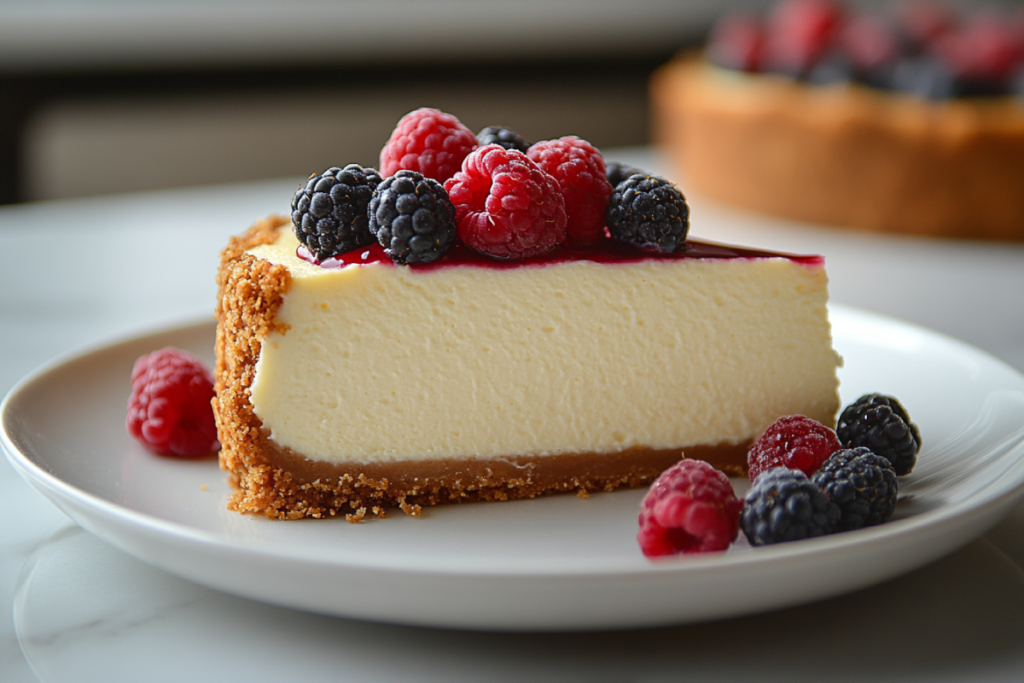 Slice of creamy cheesecake with a golden crust, highlighting the effect of adding an extra egg to cheesecake for a rich texture and flavor.