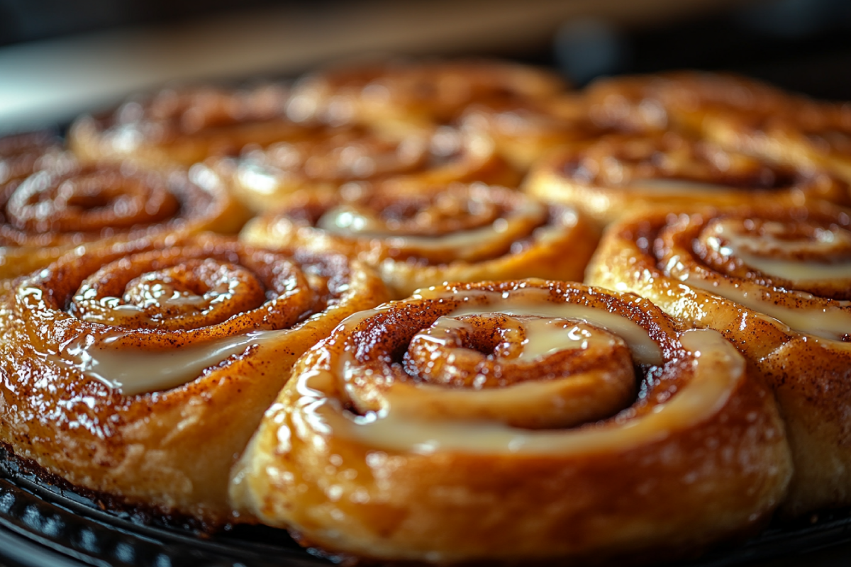 Freshly baked cinnamon rolls with heavy cream drizzled on top, showcasing their moist texture and gooey layers in a warm kitchen setting.