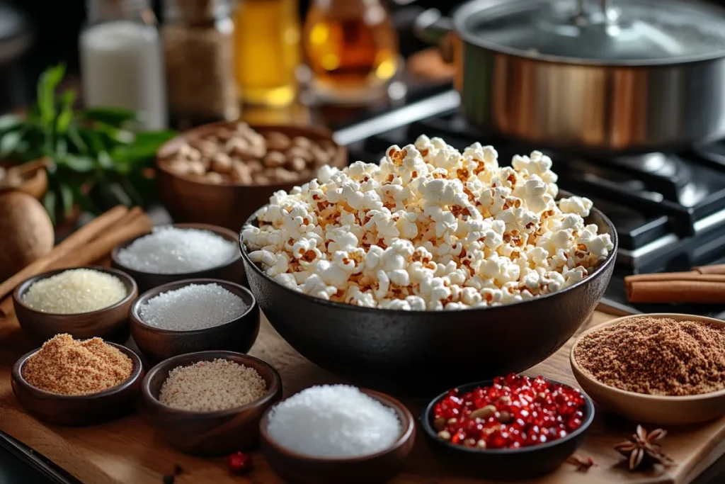 Cozy kitchen scene displaying advanced kettle corn recipe techniques, featuring bowls of popcorn with turbinado sugar, coconut sugar, and maple sugar, alongside small dishes of vanilla extract, nutmeg, cardamom, whole cloves, and cinnamon sticks, with a pot of popcorn popping on the stove and a wooden spoon nearby.