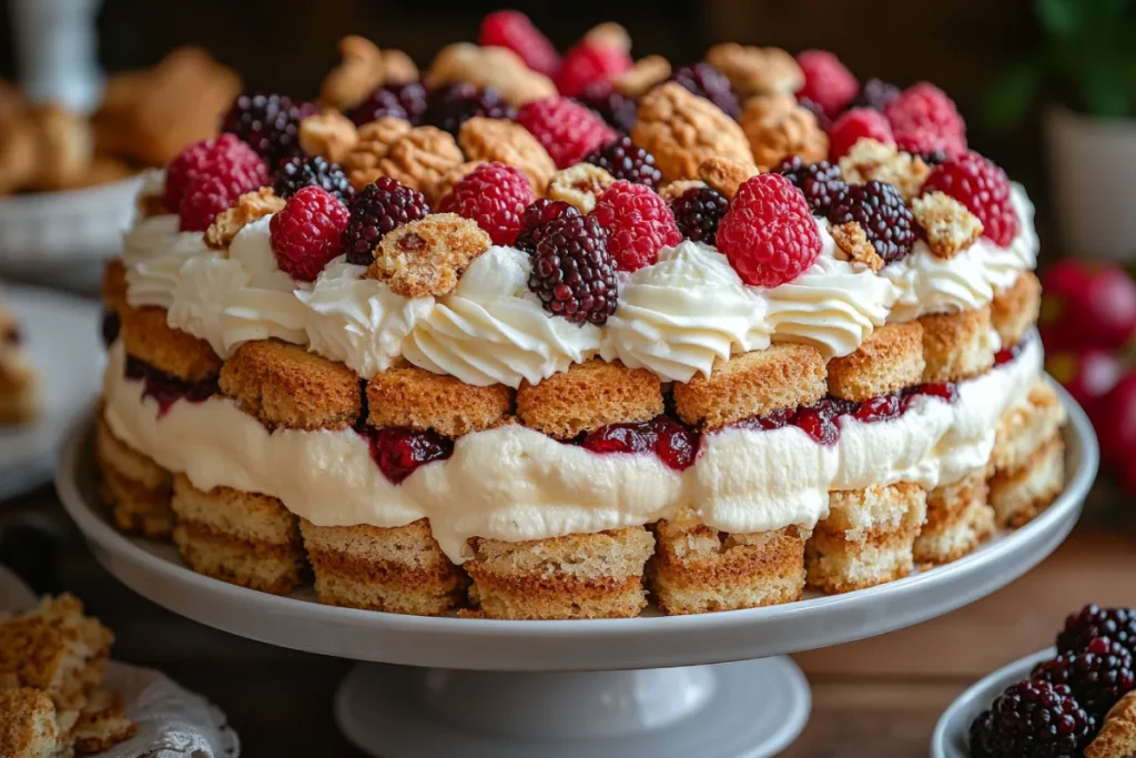 Various alternatives to trifle sponges displayed in a dessert scene, featuring sponge cake, ladyfingers, pound cake, and cookies like shortbread and digestives, layered with custard, fruits, and cream in a trifle dish. The image highlights creative substitutes for trifle sponges, showcasing different textures and flavor combinations in a festive setting.