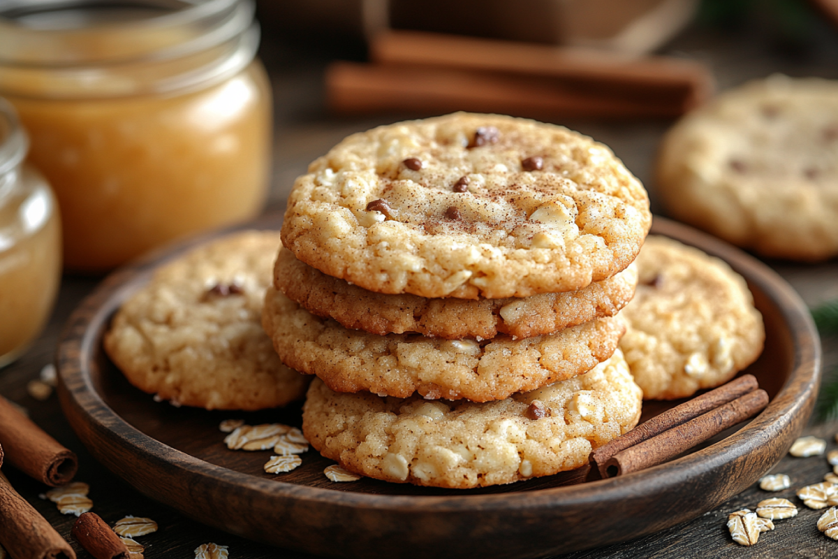 A plate of freshly baked applesauce oatmeal cookies on a rustic wooden table, surrounded by cinnamon sticks, oats, and a jar of applesauce.