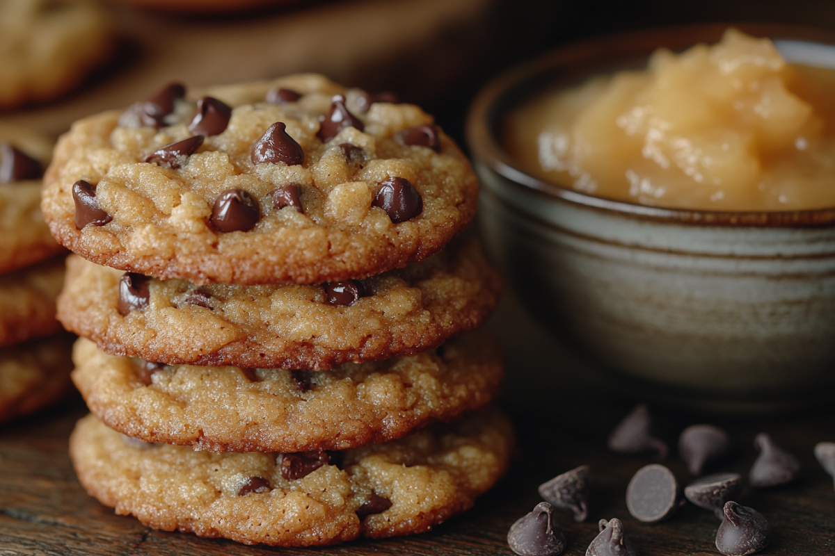 Freshly baked chocolate chip cookies made with applesauce, showcasing a golden brown color and soft texture, with a bowl of applesauce nearby.