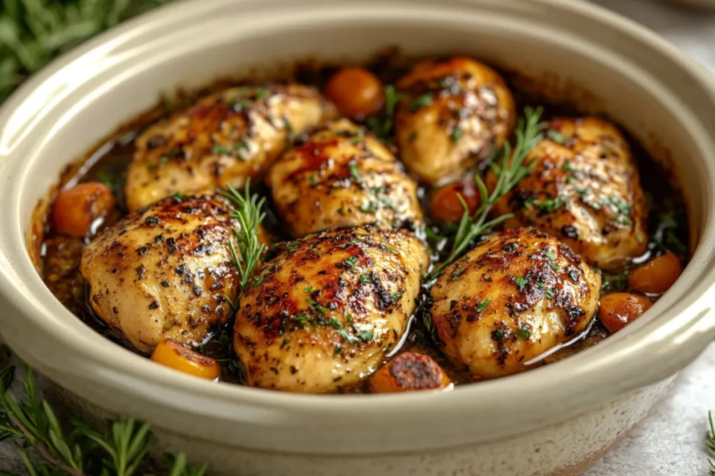 Tender and juicy chicken in a slow cooker, cooked without browning, surrounded by a rich, flavorful sauce and herbs. The image highlights the benefits of adding chicken without browning, showing the succulent texture of the chicken as it absorbs the surrounding flavors in the slow cooker.