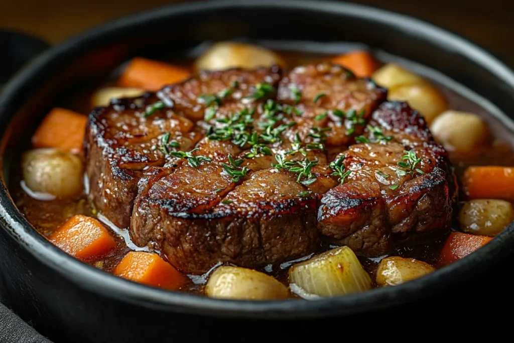 Beef browned in a pot before slow cooking, with a rich, savory broth and aromatic vegetables like carrots and onions. The golden-brown crust on the meat enhances the dish's visual appeal and flavor. This process showcases the benefits of browning meat before slow cooking, creating a deeper, more complex taste and a more inviting, rustic meal.