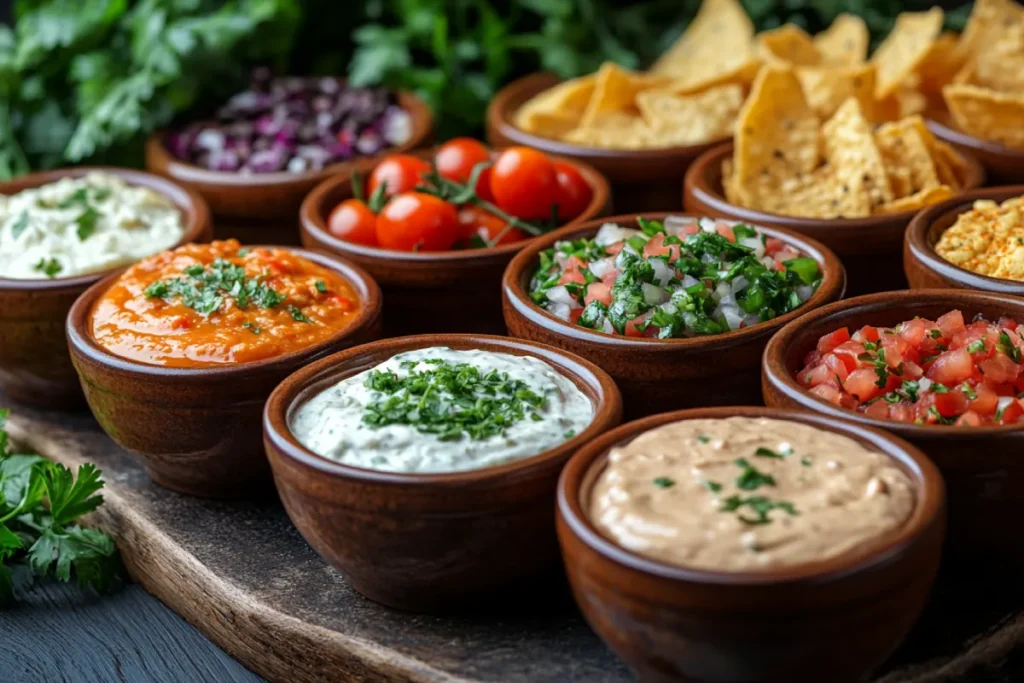 Various cheese dips including nacho cheese, queso with jalapeños, and Velveeta cheese dip served with Fritos chips. The image showcases different dips like fresh tomato salsa, perfect for dipping Fritos. This assortment highlights what dip is good with Fritos for an indulgent snack experience.