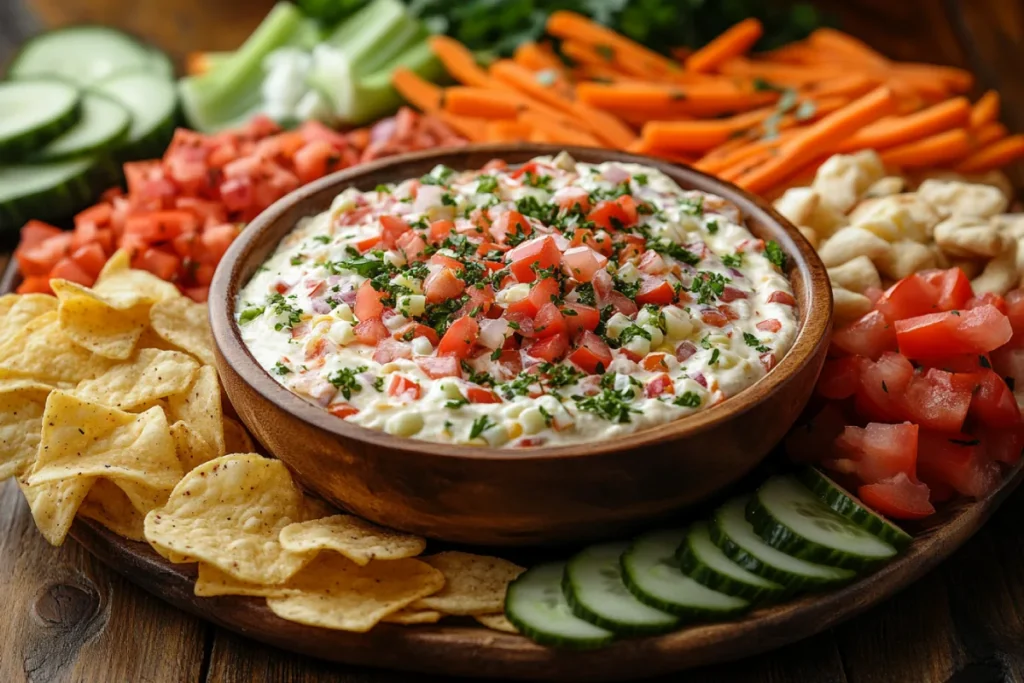 An inviting spread featuring the best foods to pair with Costco street corn dip, including tortilla chips, pita chips, multigrain crackers, carrot sticks, celery, bell pepper slices, and cucumber rounds. The creamy dip is placed in the center, surrounded by fresh and crispy snacks, showcasing a vibrant, well-arranged party platter perfect for dipping.