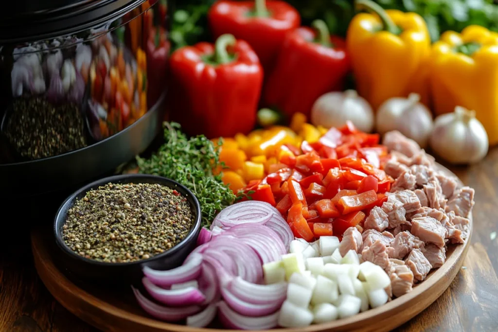Preparing peppers for the crockpot, with whole and sliced peppers alongside chicken, beef, onions, and spices, showing the process of washing, cutting, and removing seeds. This image demonstrates the best ways to cook peppers in the crockpot, including how to layer them and pair with complementary ingredients.