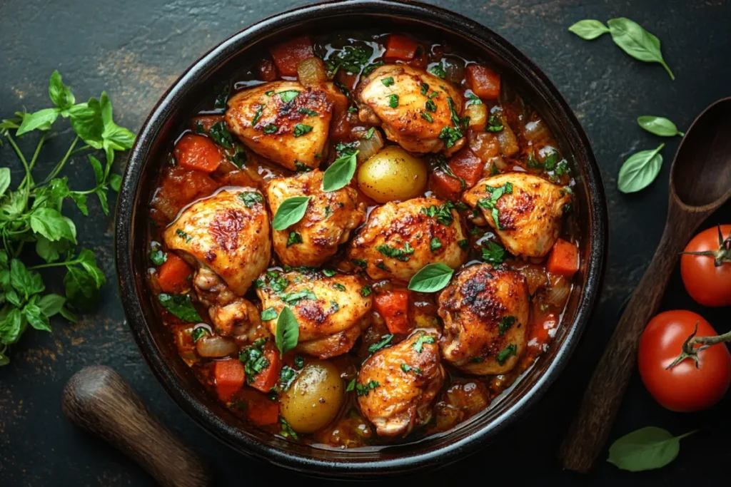 Top-down view of a crockpot cooking chicken on high or low, surrounded by fresh vegetables and spices, showcasing the best crockpot setting for chicken.