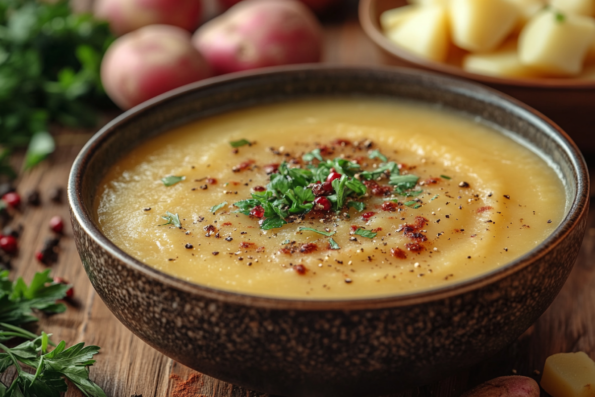 A steaming bowl of potato soup, thickened to perfection, garnished with fresh herbs, surrounded by ingredients like potatoes and cream.