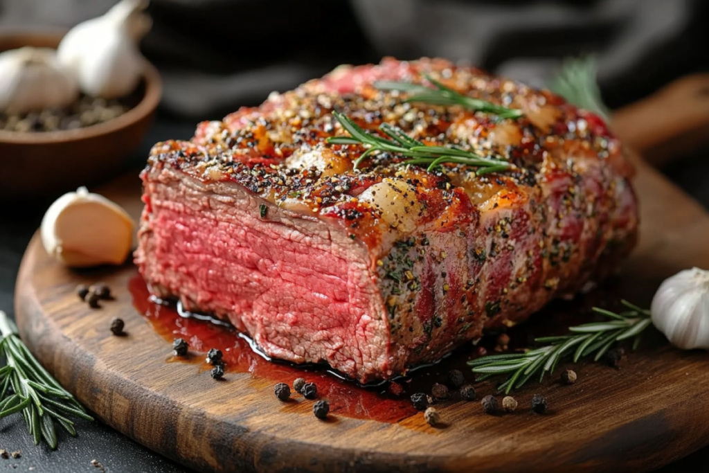 Perfectly seasoned prime rib roast with a golden-brown crust, surrounded by fresh herbs and spices, showcasing the best way to season prime rib.