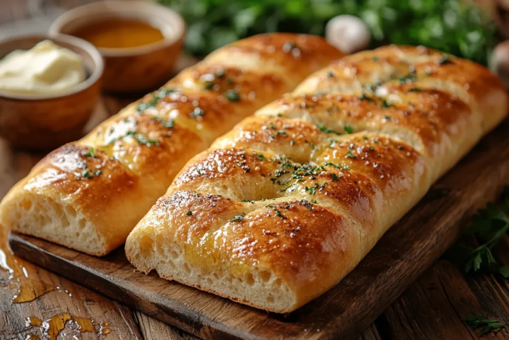 Various types of bread, including crusty sourdough, French baguette slices, cornbread with honey, and garlic breadsticks, beautifully arranged on a rustic table, showcasing perfect pairings for what to serve with kielbasa soup.