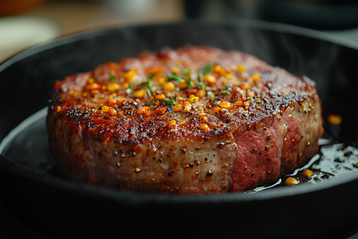 Browning meat before slow cooking in a cast iron skillet, showing a golden crust forming on the surface with steam rising.