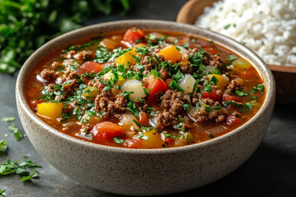 Caloric breakdown of stuffed pepper soup, showing the ingredients like ground beef, white rice, tomatoes, bell peppers, and broth, highlighting the calories in a cup of stuffed pepper soup.