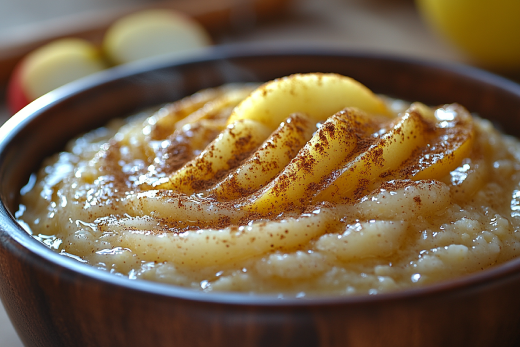 A close-up of a bowl of oatmeal with a swirl of applesauce, cinnamon, and apple slices, highlighting how applesauce can be added to oatmeal for extra flavor and creaminess.