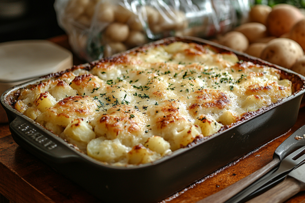 Bag of frozen hash browns and fresh potatoes on a kitchen counter, illustrating how to substitute frozen hash browns for fresh potatoes in recipes.