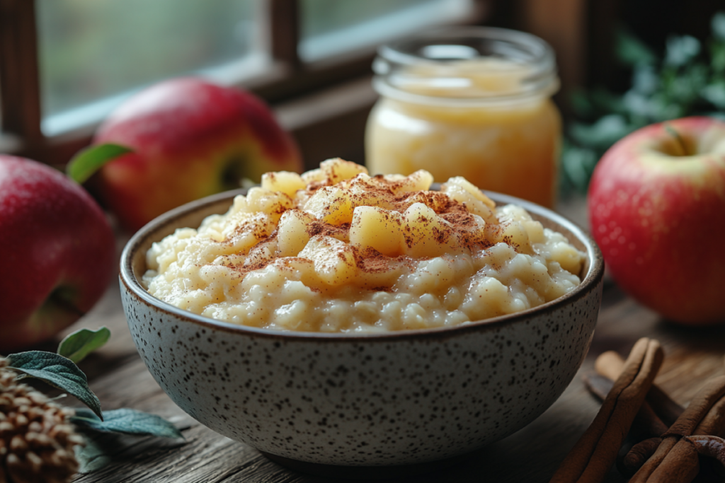 Can applesauce be added to oatmeal? A warm bowl of oatmeal topped with creamy applesauce and cinnamon, surrounded by fresh apples and a jar of applesauce on a cozy breakfast table.