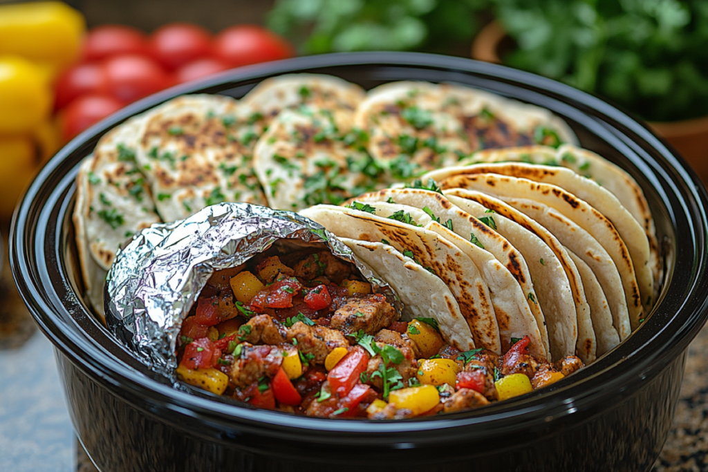 Can you put tortillas in a crockpot? A cozy kitchen scene with a crockpot warming tortillas wrapped in foil, surrounded by fresh ingredients.