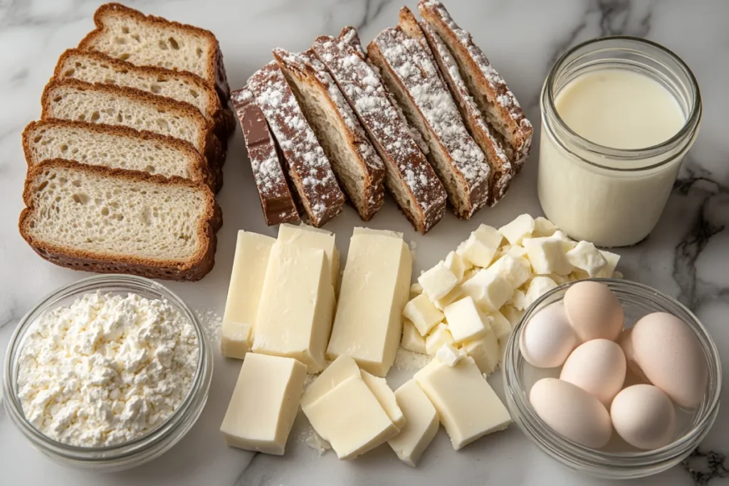 Carb content in key ingredients for white chocolate bread pudding, including white bread, white chocolate, sugar, milk, and eggs, highlighting their carbohydrate contributions.