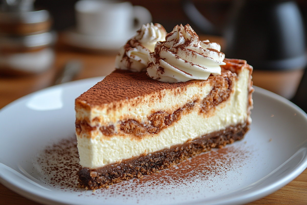 Slice of Cheesecake Factory Cinnabon Cinnamon Swirl Cheesecake featuring creamy layers, cinnamon swirl, and whipped cream topping on a white plate.