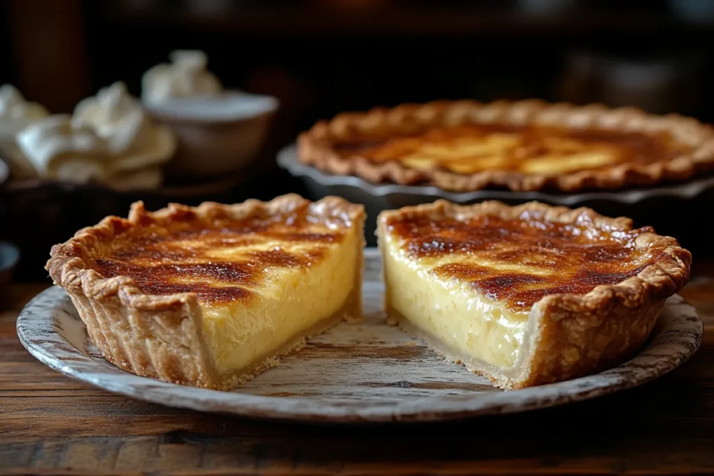 Chess Pie vs Buttermilk Pie displayed side by side on a rustic wooden table, highlighting their distinct textures and ingredients. The Chess pie has a caramelized crust and a slightly grainy texture from cornmeal, while the Buttermilk pie features a smooth, creamy custard with a golden-brown top. The image showcases the key differences in their preparation and appearance, representing the unique qualities of both Southern pies.