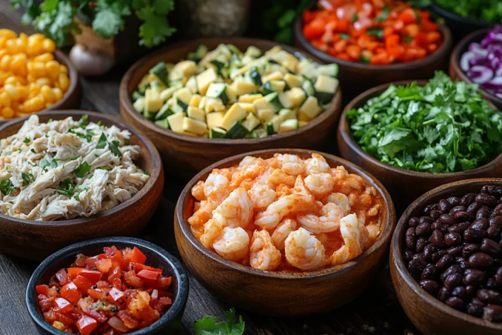 An assortment of popular enchilada fillings displayed on a rustic wooden table: shredded chicken, seasoned beef, roasted vegetables, black beans, cheese, shrimp, and crab meat. The fillings are shown in bowls with spices like cumin, chili powder, and garlic scattered nearby, emphasizing the variety of flavors and textures used in choosing the right filling for enchiladas.