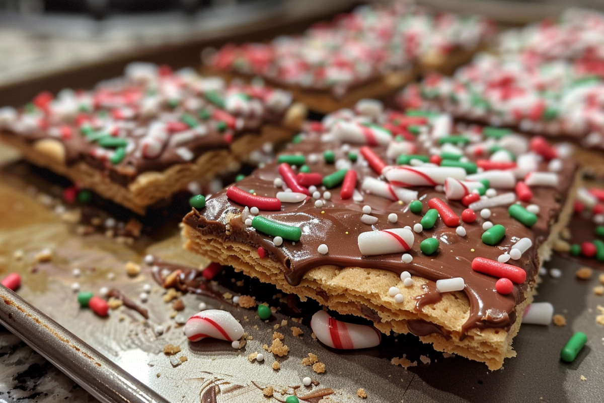 A holiday tray of Christmas Crack Cookies made with graham crackers, topped with caramel, melted chocolate, crushed candy canes, and festive sprinkles, surrounded by holiday decorations.