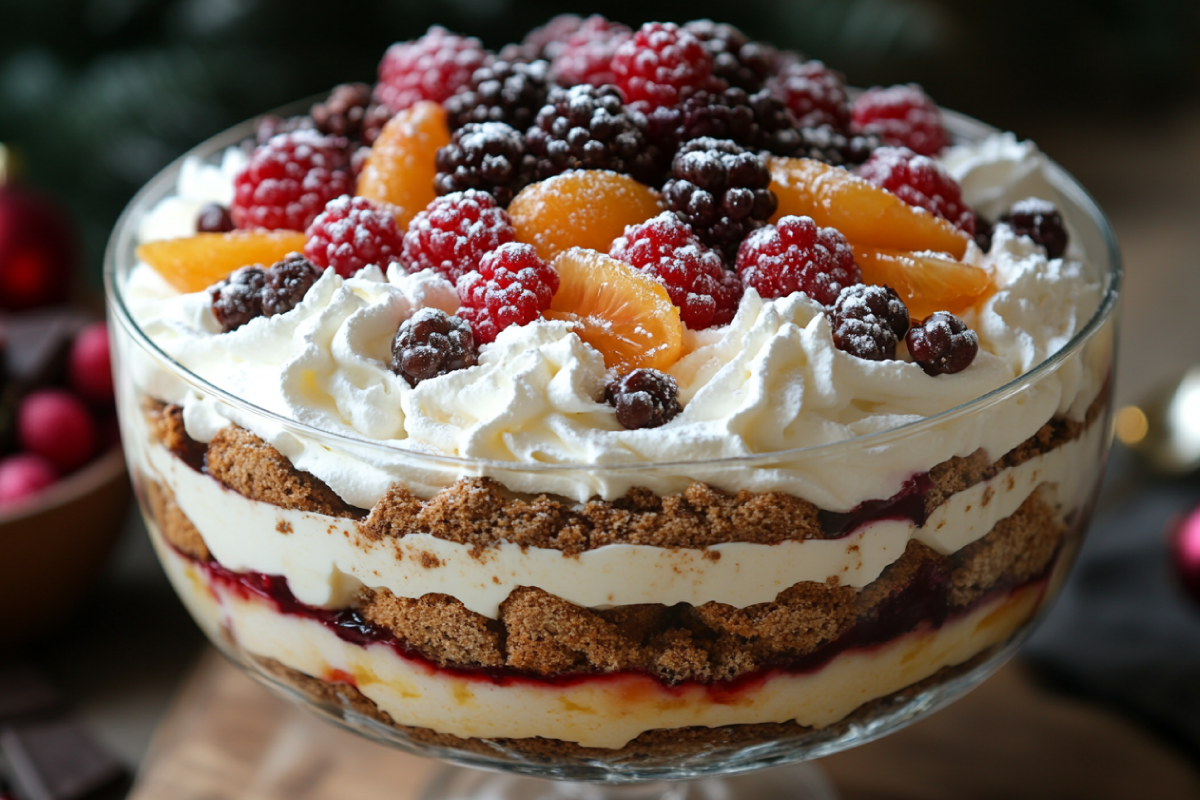 Christmas trifle in a clear glass bowl with layers of sponge cake, custard, fresh fruits, and whipped cream, topped with festive garnishes.