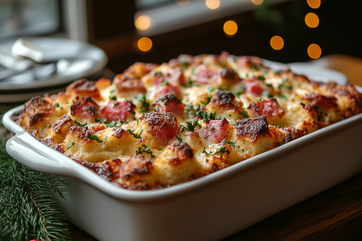 Freshly baked Christmas morning casserole served in a festive holiday setting with red and green decorations, perfect for a holiday breakfast.