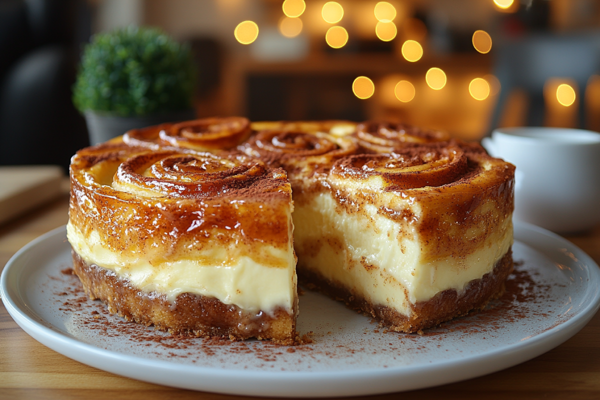 Delicious Cinnamon Roll Cheesecake Recipe showcasing creamy cheesecake layers, cinnamon swirls, and a glossy glaze on a dessert plate.