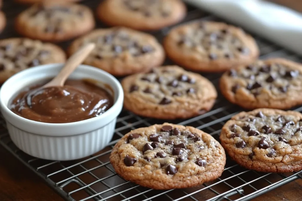 A close-up of freshly baked chocolate chip cookies made with applesauce, cooling on a wire rack. A bowl of applesauce sits nearby, highlighting the use of applesauce in cookies as a butter substitute for a healthier treat.