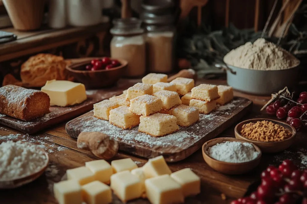 Close-up view of common mistakes when making shortbread, showing misshapen cookies, overbrowned edges, pale underbaked cookies, and unevenly spread dough, with scattered ingredients like butter, sugar, and flour on a wooden surface.