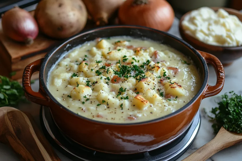 A pot of creamy potato soup simmering on the stove, surrounded by fresh ingredients including potatoes, butter, milk, and an onion, along with a bowl of mashed potatoes for blending. A perfect representation of avoiding common mistakes while preparing the best thickener for potato soup.