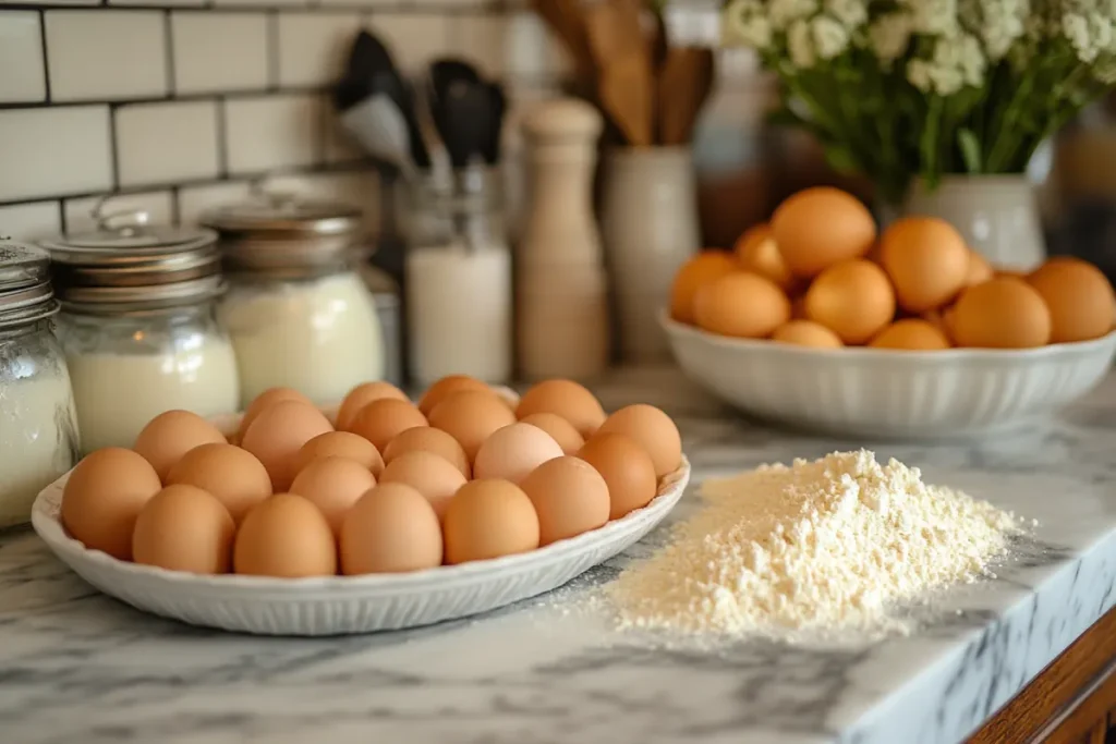 Ingredients for buttermilk pie, such as fresh eggs, high-quality buttermilk, flour, and cornstarch, arranged on a kitchen counter. This image highlights the common causes of watery buttermilk pie, showing how proper ingredient quality, preparation, and baking techniques can prevent the issue of 'Why is My Buttermilk Pie Watery.