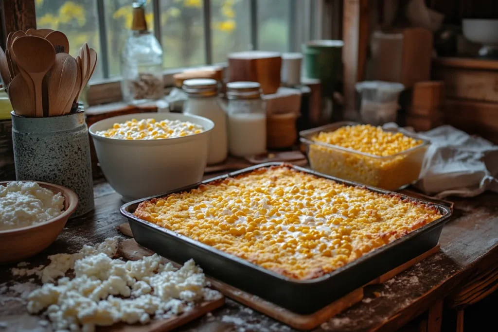 An image showing the preparation process of corn casserole with ingredients like canned corn, milk, sour cream, and cornbread mix. The focus is on the common reasons for mushy corn casserole, including overmixing the batter and using too much liquid, with an emphasis on avoiding these mistakes.