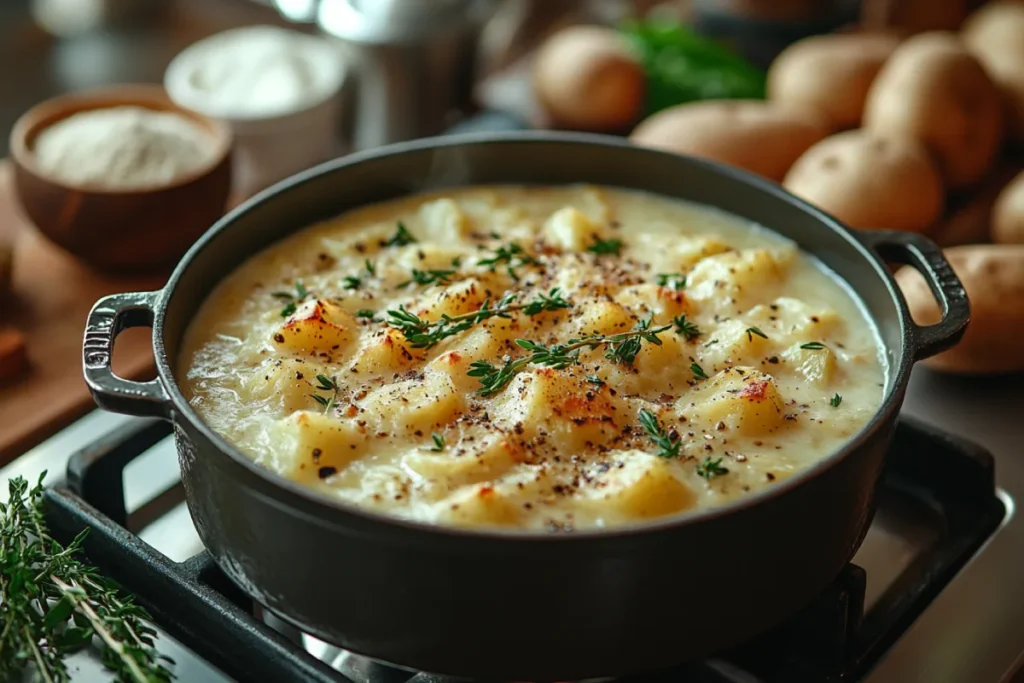 A realistic kitchen scene showing a pot of creamy potato soup thickened with natural potatoes, flour-based methods, and cornstarch. The soup has a smooth, velvety texture, with visible chunks of potato. Ingredients like whole potatoes, flour, and cornstarch are placed around the counter, illustrating common thickeners for potato soup.