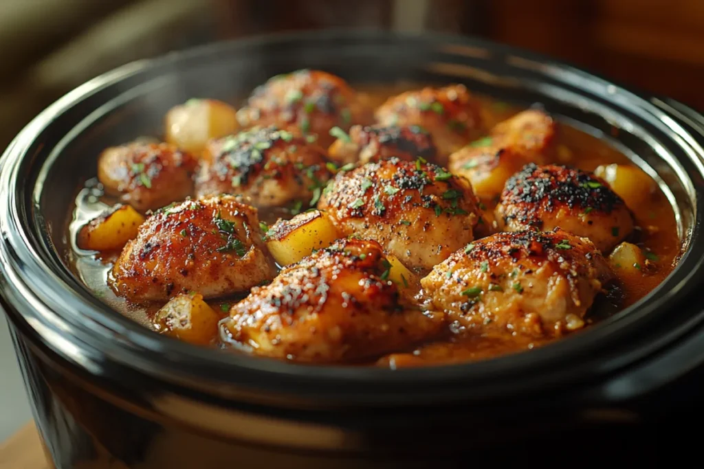 Chicken cooking on the high setting in a crockpot, showing juicy pieces of chicken with broth, perfect for quick meal prep or shredded chicken dishes.