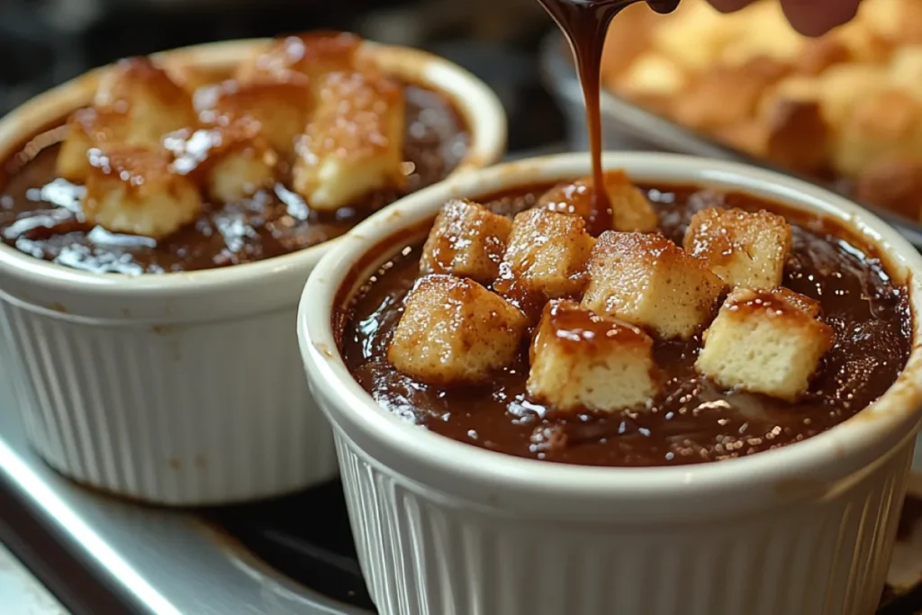 Image showing the contrasting cooking methods of sticky toffee pudding vs bread pudding. Sticky toffee pudding being prepared with a batter, baked, and topped with rich toffee sauce, while bread pudding is made by soaking cubed bread in a custard mixture and baking until golden with a creamy interior. This scene highlights the distinct techniques and textures of both desserts.