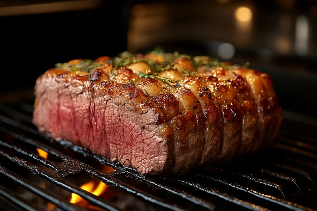 Prime rib cooked using precision techniques like slow roasting, reverse searing, and sous vide, showcasing its tender texture and juicy interior.