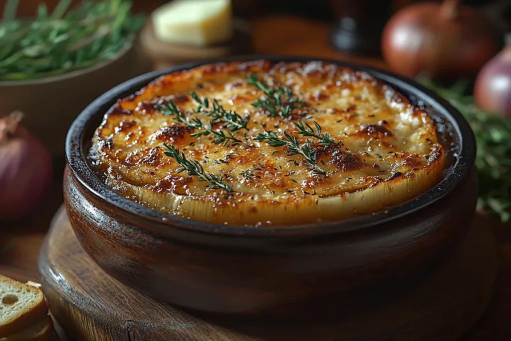 An artistic representation of the cooking techniques that elevate French onion soup, showcasing the slow caramelization of onions, layering ingredients like thyme and wine, and the broiling process that creates a golden, bubbling cheese crust, all contributing to why French onion soup tastes so good.