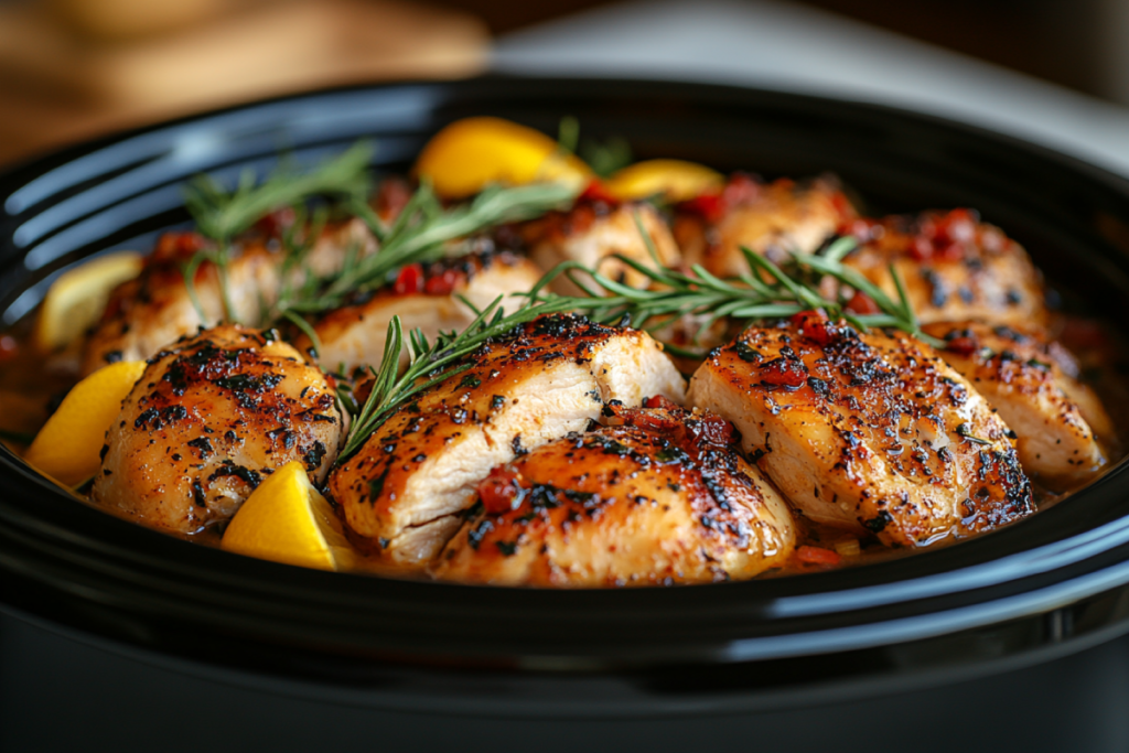 Cooking chicken in the crockpot longer with fresh herbs and vegetables for tender results, steam rising from the pot.