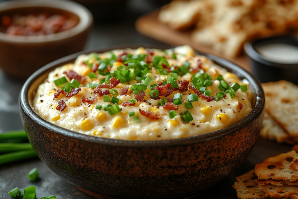 Rustic bowl of corn dip with cream cheese, garnished with green onions and bacon bits, surrounded by tortilla chips and fresh vegetables.