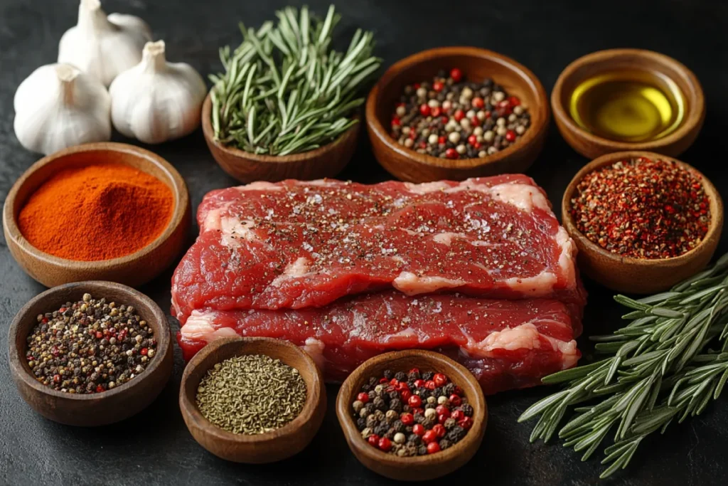 An assortment of ingredients for crafting the perfect prime rib rub, including salt, pepper, garlic powder, paprika, rosemary, thyme, olive oil, and Dijon mustard. The spices are arranged neatly in bowls, showing both dry and wet rub preparations for prime rib seasoning. This image highlights the balance of flavors needed to create a flavorful prime rib rub.