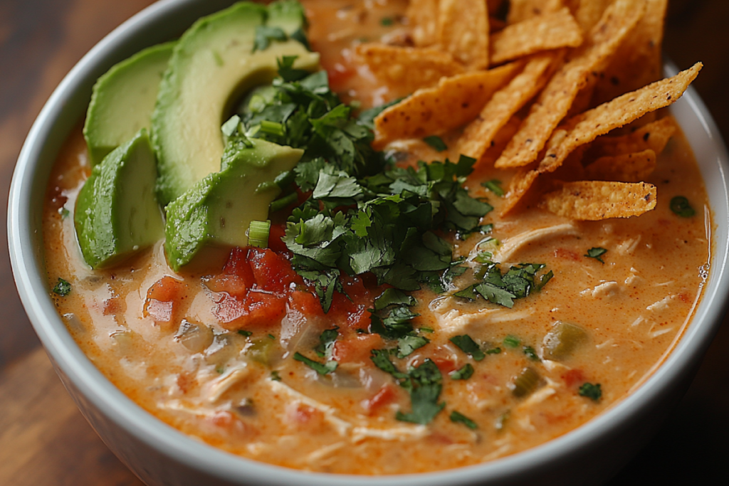 A steaming bowl of creamy chicken tortilla soup topped with crispy tortilla strips, fresh cilantro, avocado slices, shredded cheese, and lime wedges, served on a rustic wooden table.