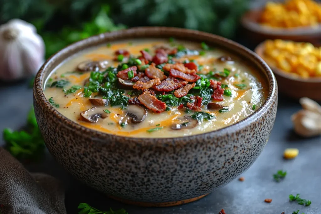 An image of a vibrant bowl of potato soup enhanced with creative ingredients like a swirl of cream, melted cheddar cheese, crispy bacon crumbles, roasted garlic, sautéed mushrooms, sweet corn, and fresh spinach, illustrating how to add flavor to bland potato soup.