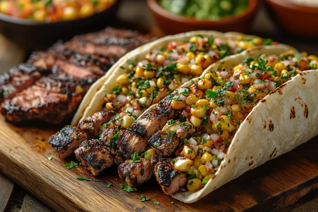 An assortment of creative dishes featuring Costco street corn dip, including breakfast tacos with eggs and sausage, grilled chicken burritos, chicken skewers, steak with a tangy dip topping, turkey wraps, and a veggie sandwich with roasted vegetables. The dip adds bold flavor to each dish, enhancing tacos, wraps, and grilled meats. Perfect ideas for what to eat with Costco street corn dip.