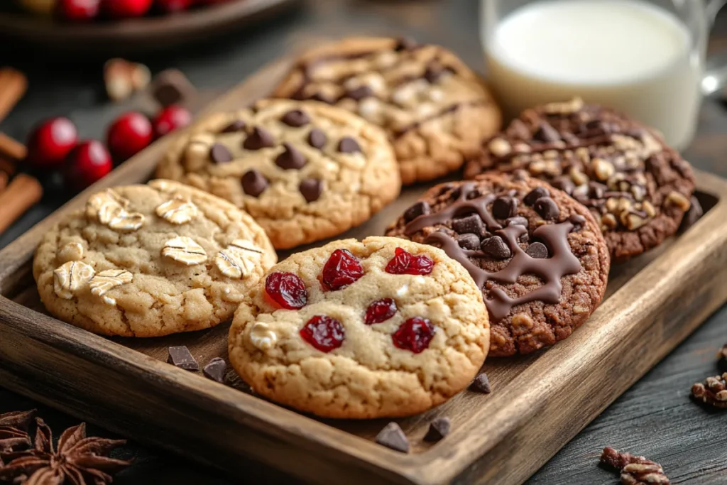 A variety of applesauce oatmeal cookies displayed on a wooden tray, featuring chocolate chips, dried cranberries, and a drizzle of melted chocolate. A cozy scene with a glass of milk and a cup of tea, highlighting creative variations of applesauce oatmeal cookies.